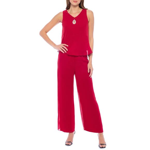 MARINA Womens V-Neck 3-Piece Pant Set Size 10 Red Cranberry Chiffon NWT - Picture 2 of 14
